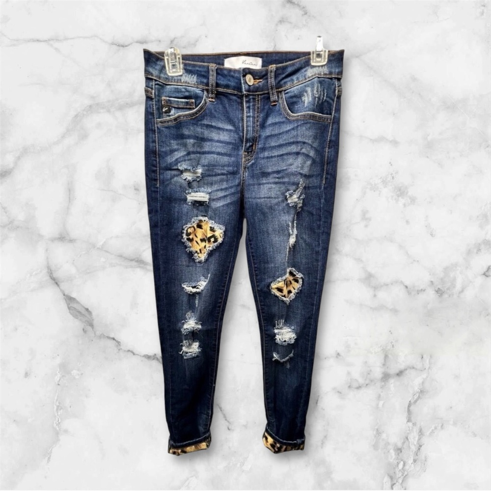 KanCan Jeans Womens Size 7/27 Blue Denim Mason Leopard Patch Cuff Skinny